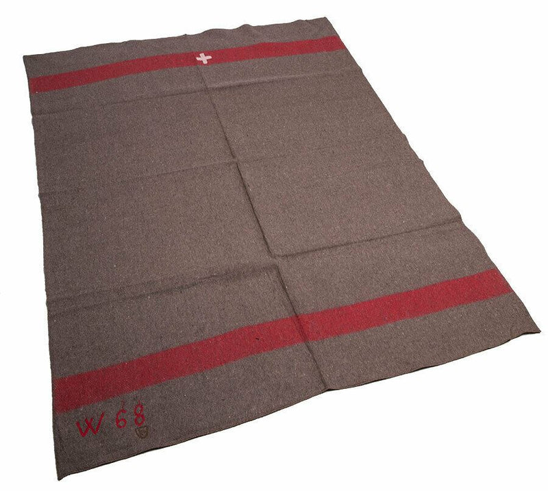 Vintage swiss army blanket wool military woollen red stripe cross REPRO NEW
