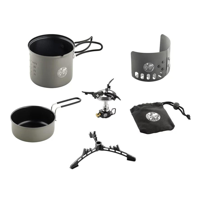 Optimus Elektra FE camping cooking system outdoor cook burner pan lid saucepan windshield stove stand bag manual items