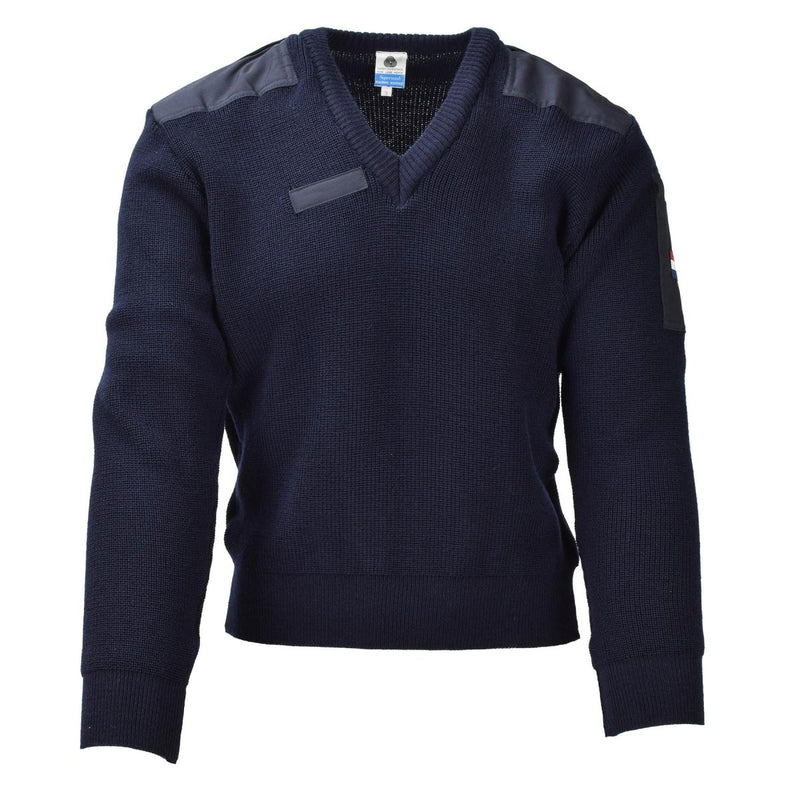 Original Dutch military blue sweater pullover wool bodywarmer long sleeve V-neck cuffs and waist line