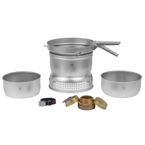 Trangia stainless steel lightweight stove set compact kit camping two sauce and frying pans, windshield burner handle strap