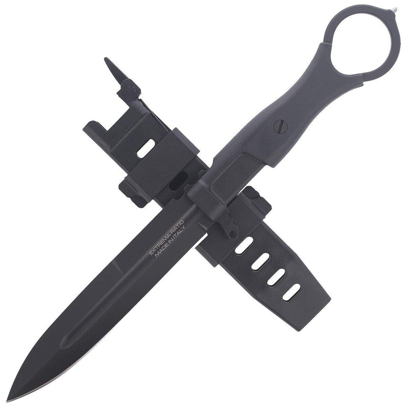Tactical survival combat knife Misericordia fixed spear point HRC58 N690 steel blade kydex sheath wear on vest Extrema Ratio