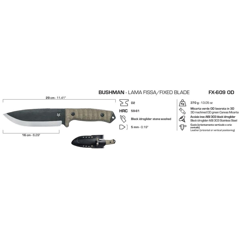 FoxKnives BUSHMAN fixed blade knife D2 steel survival combat micarta handle