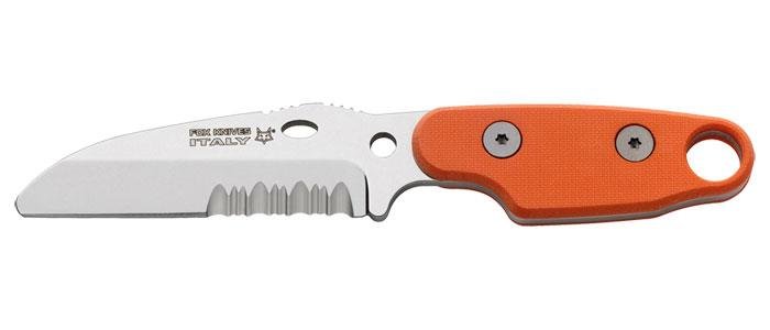 FoxKnives Compso neck fixed drop point satin plain blade N690Co stainless steel G10 orange aluminum handle