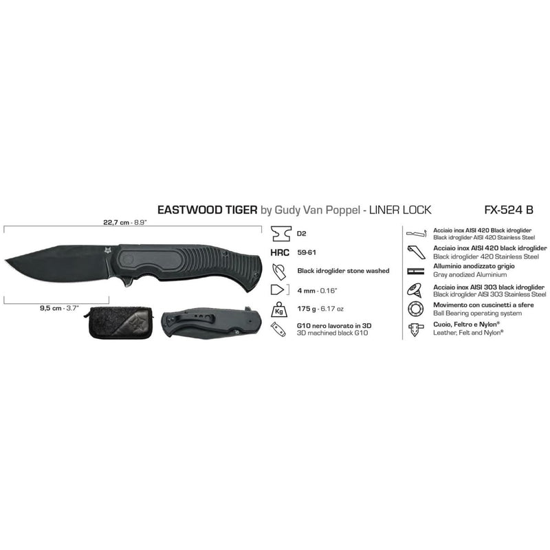 FoxKnives EASTWOOD TIGER Pocket Knife high-speed D2 steel G10 black tactical