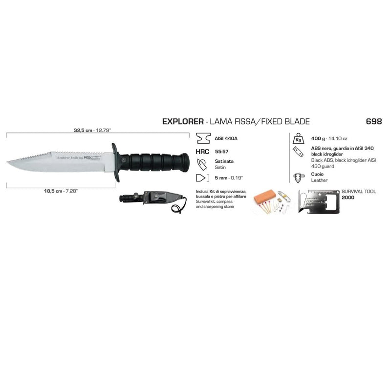 FoxKnives Military Explorer lama fissa fixed blade knife survival tools Aisi 440A satin blade 55-57 HRC black abs idroglider