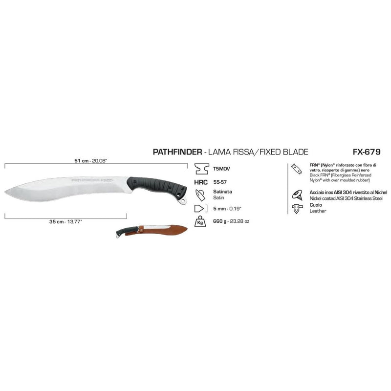 FoxKnives PATHFINDER bushcrafting fixed blade T5MOV HRC 55-57 satin stainless steel Black FRN fiberglass nylon handle