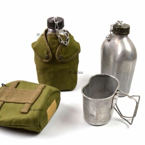 French France Military surplus lightweight drinking flask water bottle stainless steel lightweight vintage canteen pot pouch