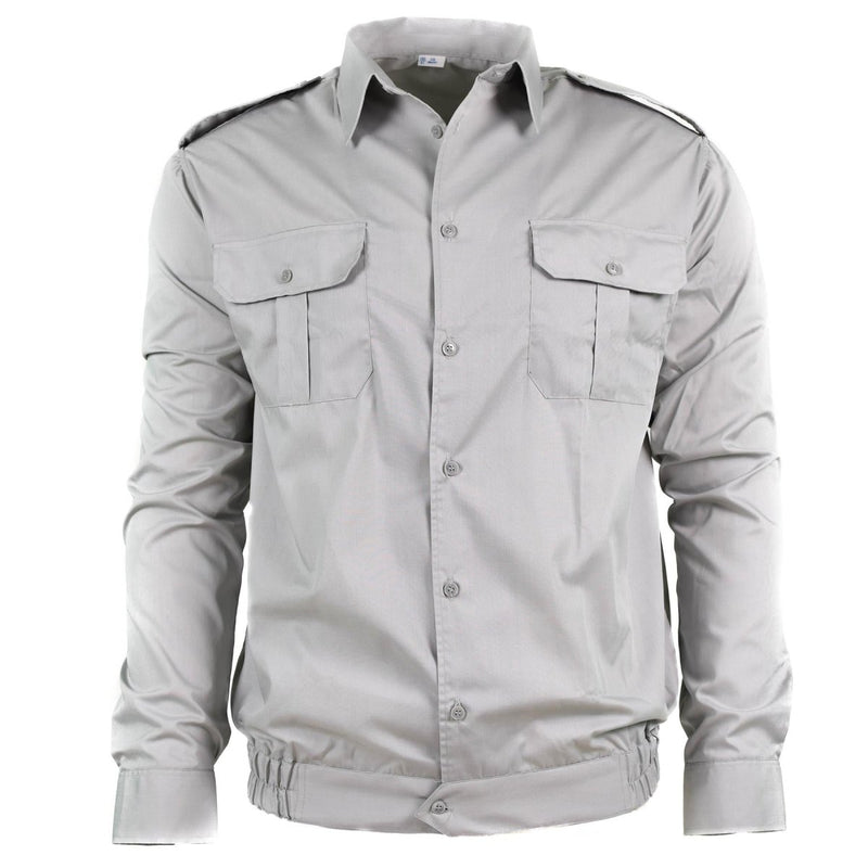 Original Bulgarian military grey shirt unissued long sleeve chest pocket epaulets elasticated waist buttoned cuffs