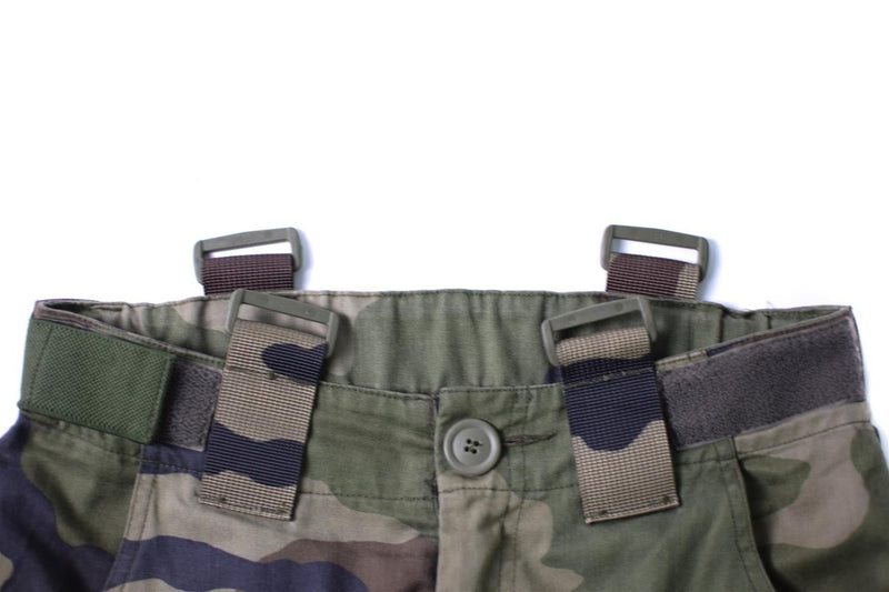 French army combat pants CCE camouflage adjustable waist and bottoms vintage suspender loops workwear trousers