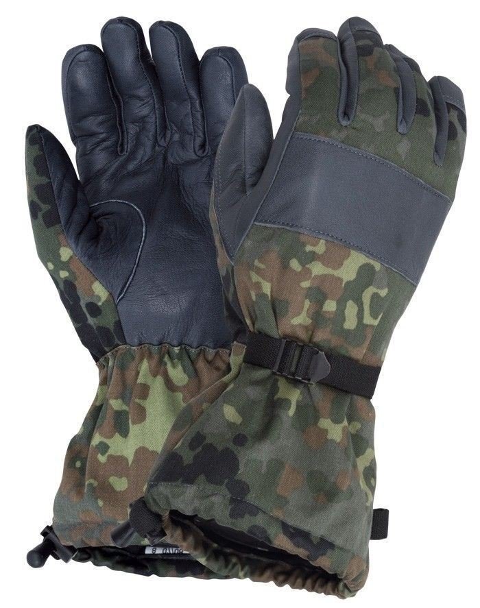 Winter warm original German military gloves flecktarn camouflage lined elasticated cuffs adjustable wrists all purpose gloves