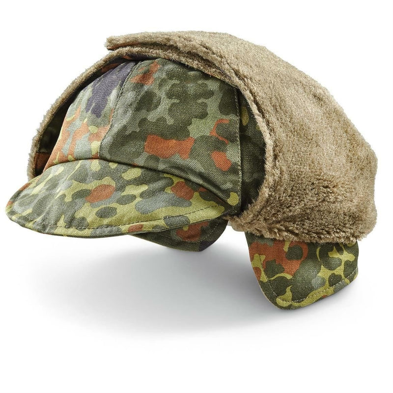Winter warm cap German army pile cap flecktarn camo cold weather ear flaps faux fur lightweight paratrooper style