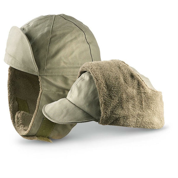 Winter pile cap original German army olive drab hat visor warm cold weather ear flaps paratrooper style