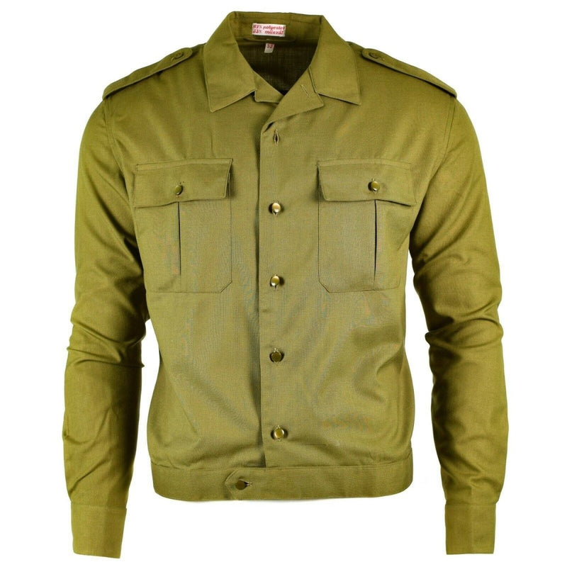 Vintage officer original Hungarian army khaki jacket long sleeve chest pockets epaulets collared neckline classic shirts
