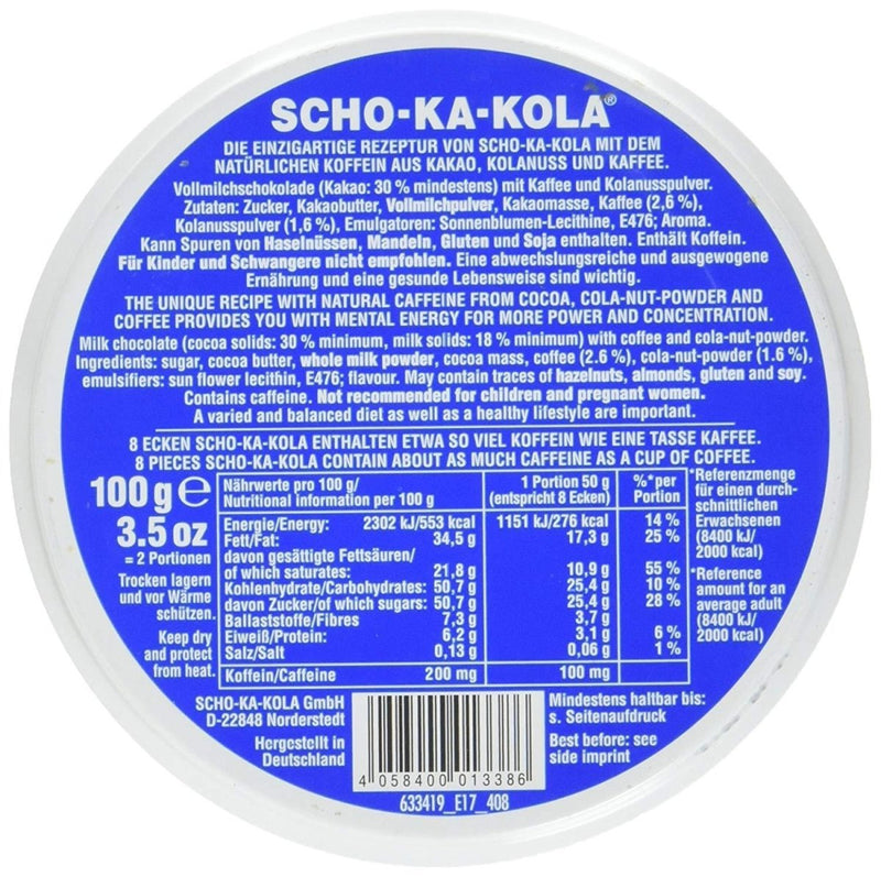 German Energy Milk Chocolate SCHO-KA-KOLA whole milk 100 g tin can blue