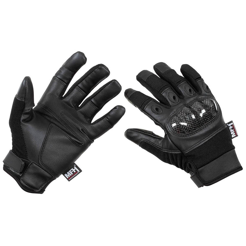 MFH Military style tactical gloves black breathable free shooting fingers vent holes on the knuckle reinforced palms