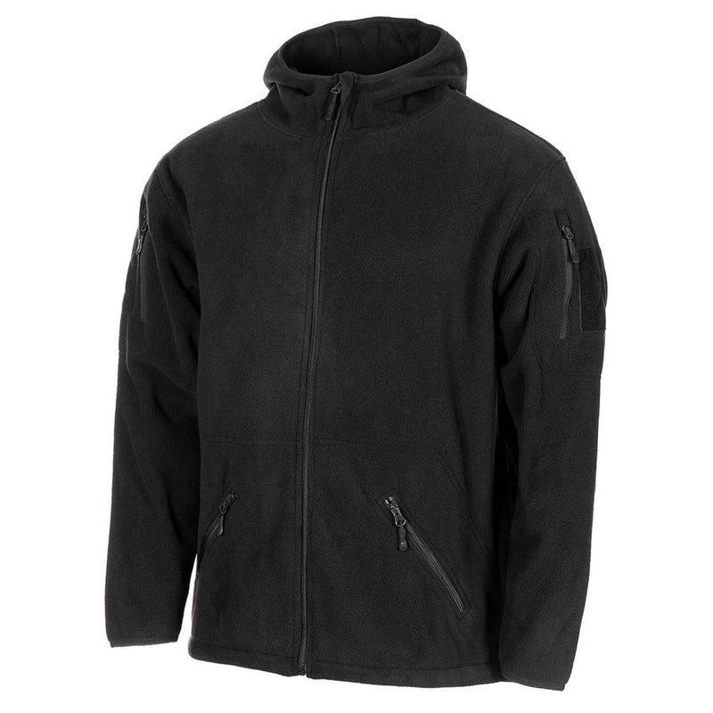 MFH military black tactical fleece jacket thermal hooded elasticated hemline elasticated hemline with cord stopper