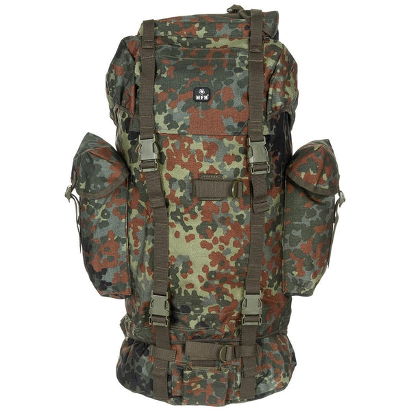 MFH military BW camo combat 65L backpack federal armed forced tactical bag aluminum stability rod two side pockets with flap