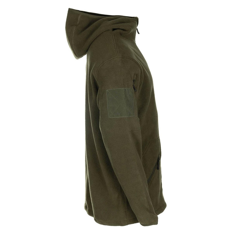 MFH military style olive hoodie fleece jacket tactical army full zip hiking zipper hook and loop plate on shoulder