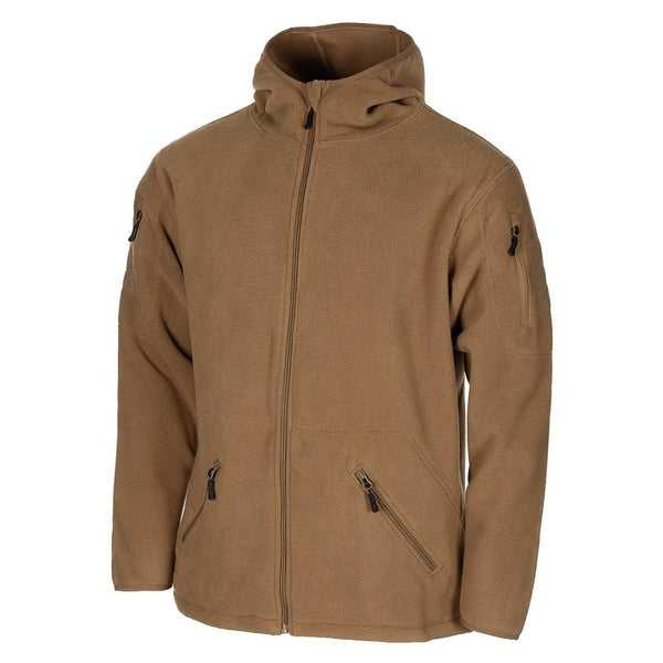 MFH military style tan tactical hooded fleece jacket outdoor hiking full zip elasticated hemline with cord stopper