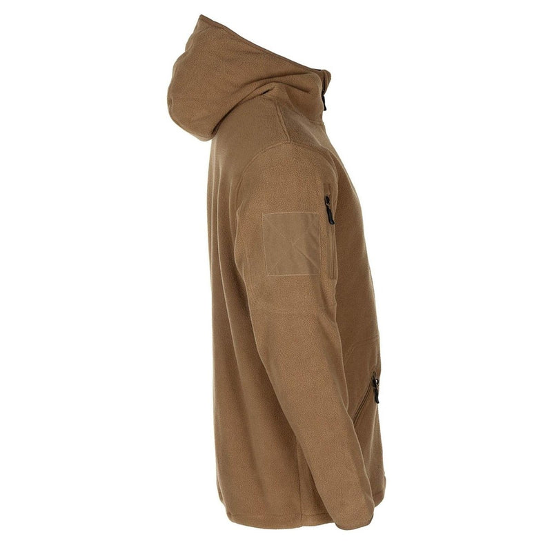 MFH military style tan tactical hooded fleece jacket outdoor hiking full zip chin guard hood elasticated cuffs