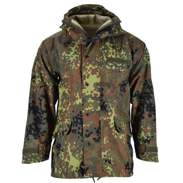 Mil-Tec brand German army field Jacket Gore-Tex Flecktarn camo waterproof rain storm flap front pockets 3-layer laminate