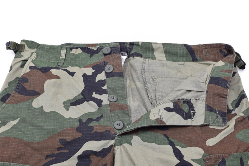 Mil-Tec Brand U.S. Army style prewashed woodland camo lightweight ripstop shorts closure buttons