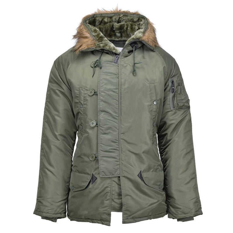 MIL-TEC Brand U.S. Military style aviator parka N3B faux fur hooded olive water repellent elasticated cuffs all seasons