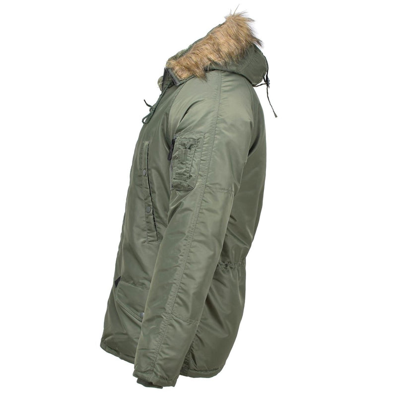 MIL-TEC Brand U.S. Military style aviator parka N3B faux fur hooded olive adjustable waist