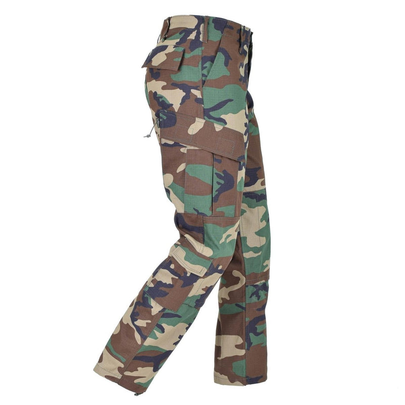 Mil-Tec Brand U.S. Military style woodland camo ripstop soldiers BDU cargo pants adjustable waist and bottoms