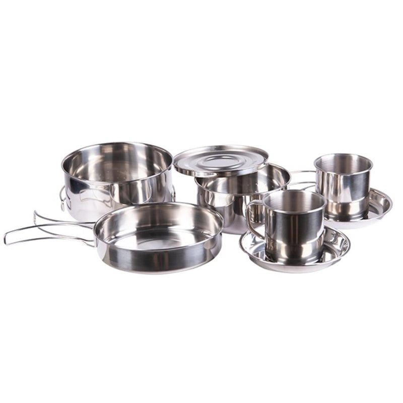 MIL-TEC outdoor cookware 8 pieces stainless camping cooking pot pan cup plate folding handle mesh bag included