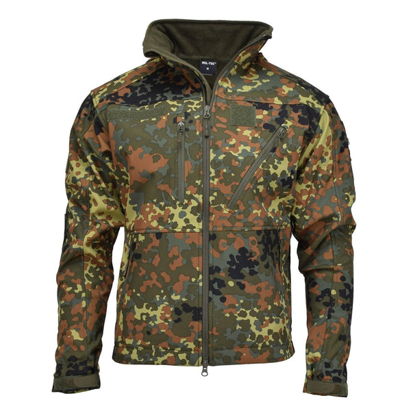 MIL-TEC Softshell jacket SCU 14 German flecktran camo outdoor hiking outerwear foldaway hood inside the collar