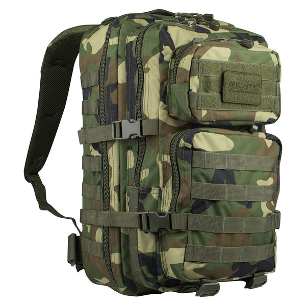 MIL-TEC U.S. Assault trekking rucksack 36L backpack woodland camouflage hiking daypack D-rings Molle loops for attaching gear