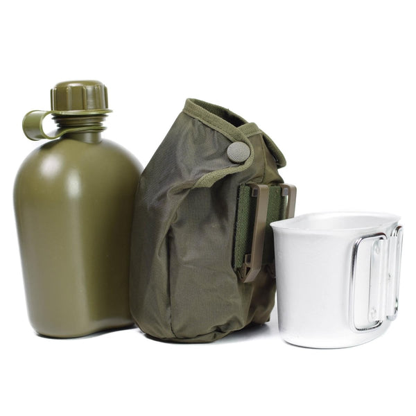 Original Austrian army drinking flask with cup pouch OD 1 liter aluminum canteen BPA free dishwasher safe