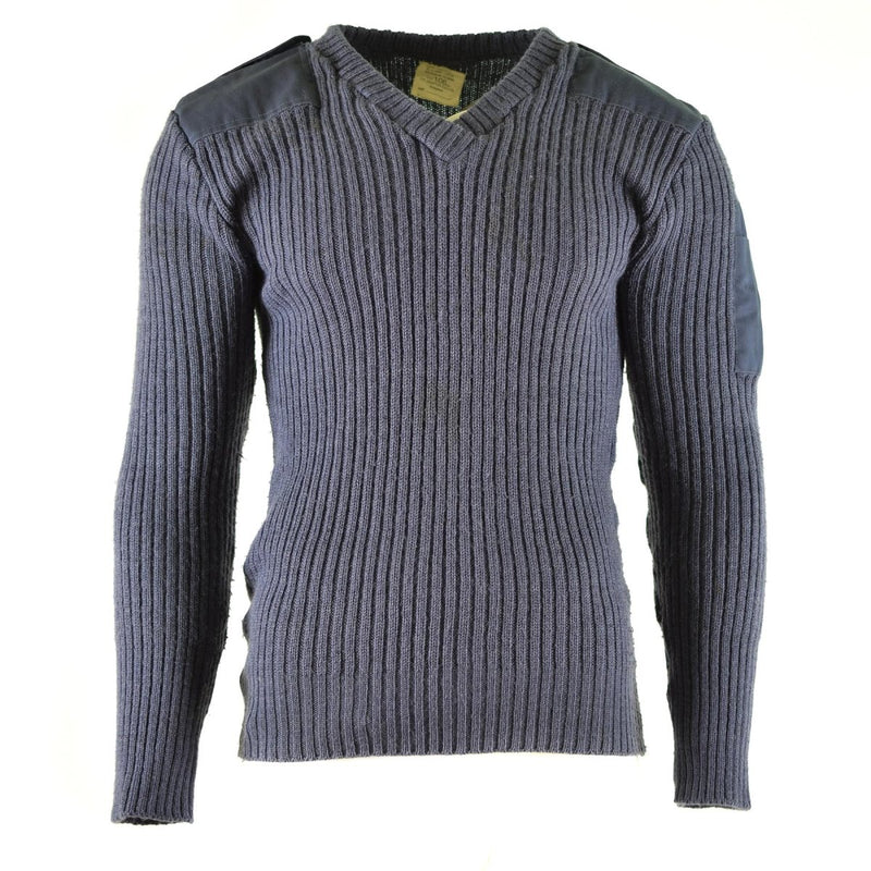 Original British army pullover Commando Jumper Blue Grey sweater Wool rib knit V-Neck pen pocket long sleeve