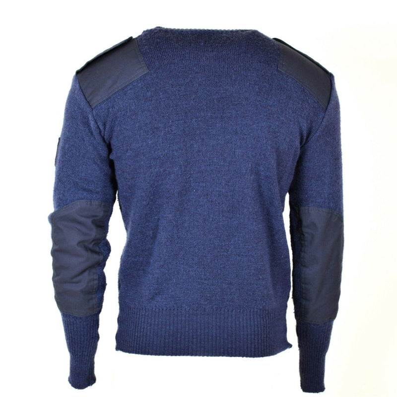 Original British army pullover V-Neck Commando Jumper sweater Wool blue grey reinforced elbows and shoulders