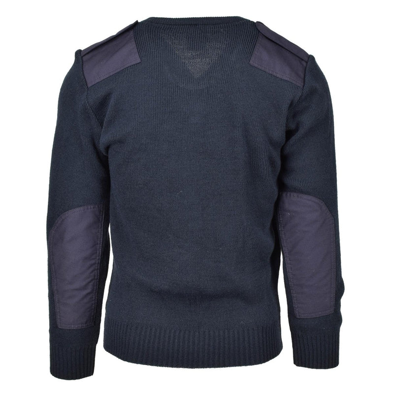 Original British Ex-police service pullover Commando Jumper blue V-neck sweater reinforced elbows and shoulders