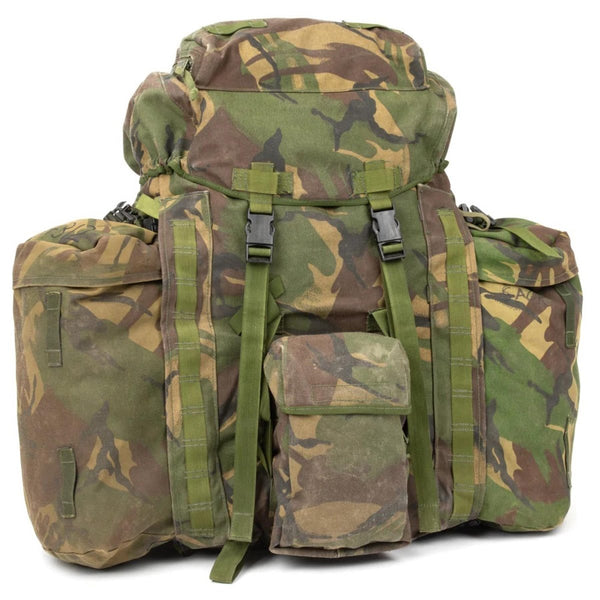 Original British Military tactical backpack woodland camo 90 liters side pockets