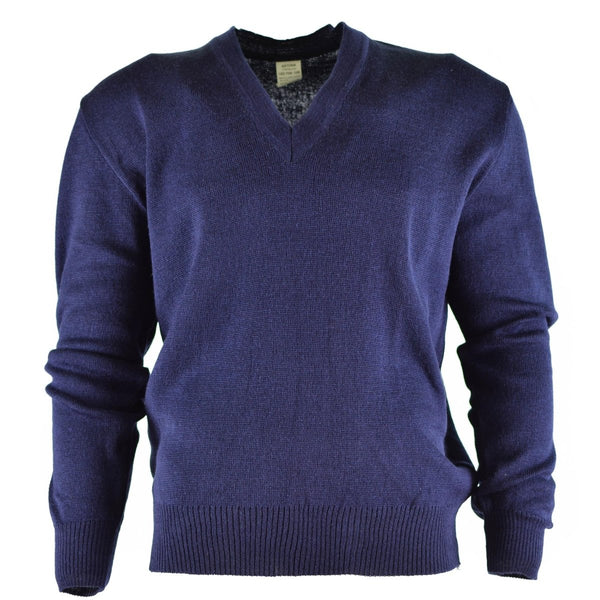 Original vintage Czech army lightweight long sleeve Sweater Jumper Blue Wool rib knitted waist and cuffs V-neck military