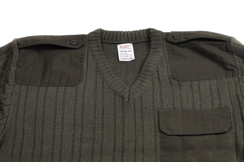 Original Czech army Sweater Jumper Olive Drab Wool V-neck military surplus shoulder reinforced pullover