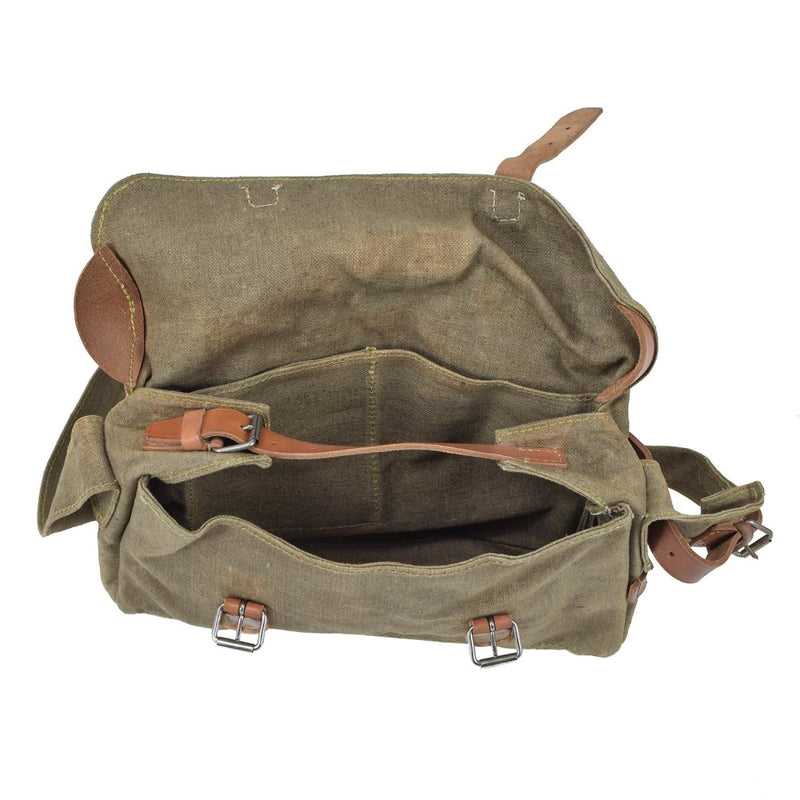 Original vintage Czech military shoulder bag canvas utility bag leather straps big main compartment