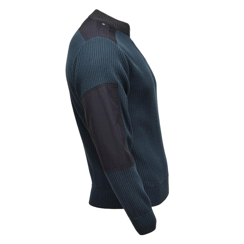 Original Dutch military wool rib knitted sweater winter sport pullover cold weather jumper blue reinforced elbows