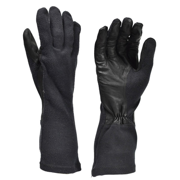 Original vintage Germany army long gloves black leather palms aramid heat flame resistant tactical surplus elasticated wrist