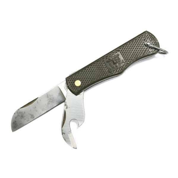 Original Vintage Italian Military pocket knife folding can opener plastic handle olive plastic handle material