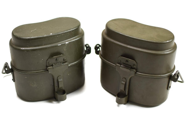 Original Polish Army mess kit Aluminum military bowler pot vintage camping Olive durable leather construction two-piece set