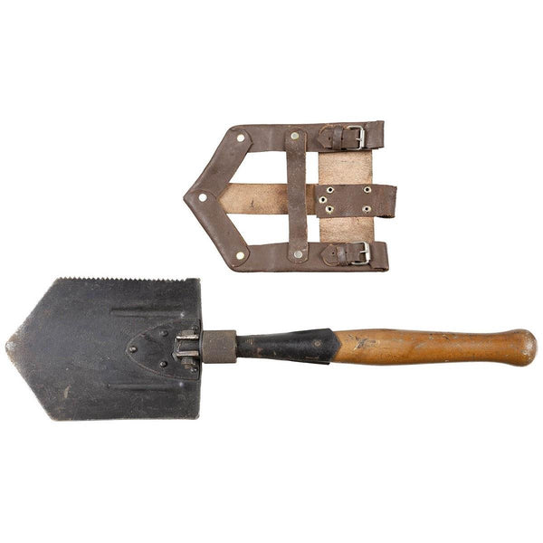 Original vintage Romanian Army foldable serrated shovel wooden handle leather sheath wooden handle