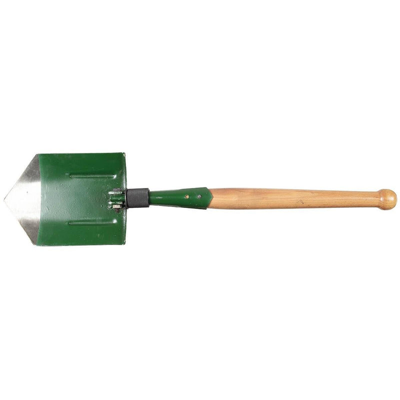 Original vintage Romanian Army foldable shovel green wooden handle military surplus