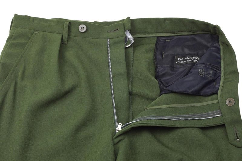 Original Swedish military formal pants green pleated front stirrup trousers belt loops zipper closure