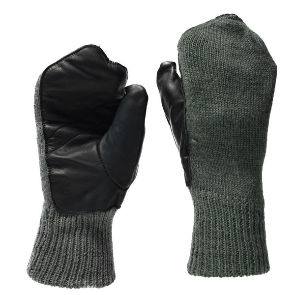 Original Swiss army gray wool cold weather warmer mittens leather palm military issue one size