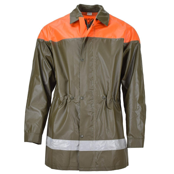 Original Swiss army rain jacket olive civil protection waterproof long coat reflective tape adjustable waist taped seams