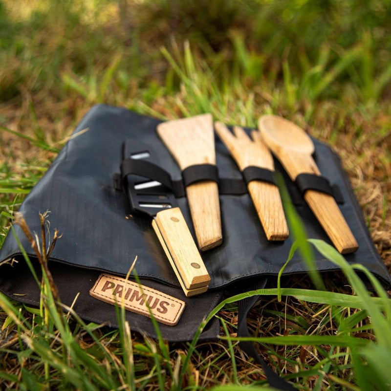 Primus Campfire Prep set outdoor camping utensil kit hiking knife spoon fork handle Oak wood material